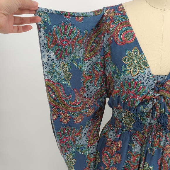 19974 Boemo Paisley Maxi Dress Blue size Small kimono sleeves bohemian beach - Picture 4 of 7
